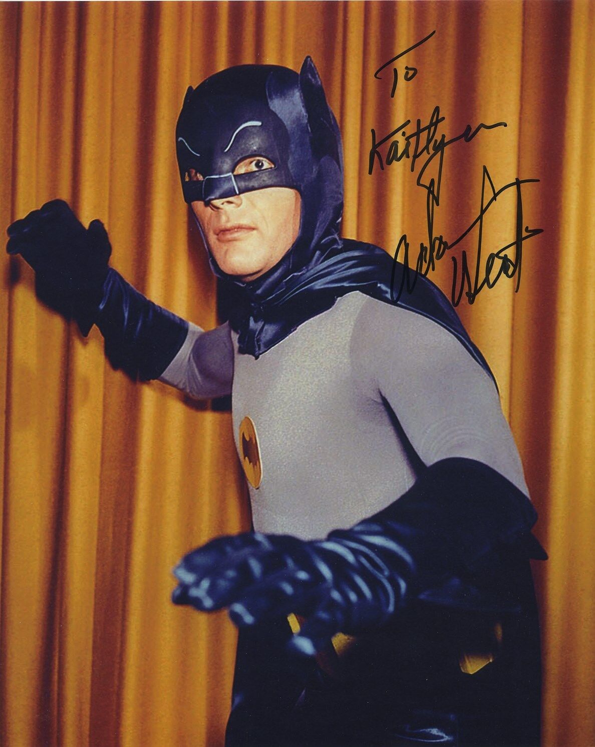 ADAM WEST SIGNED AUTOGRAPHED BATMAN COLOR Photo Poster painting BAM ZOOM!! TO KAITLYN