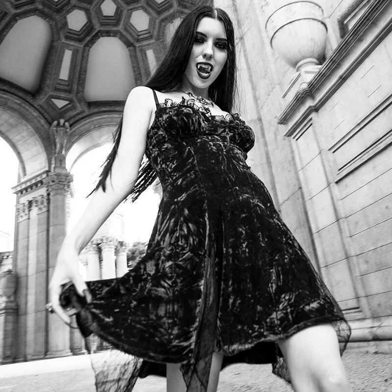 Brownm Y2K Gothic Vintage Sexy Mesh Velvet Mini Dress Grudge Aesthetic Dark High Waist Slit Partywear Emo Goth Lolita Clubwear
