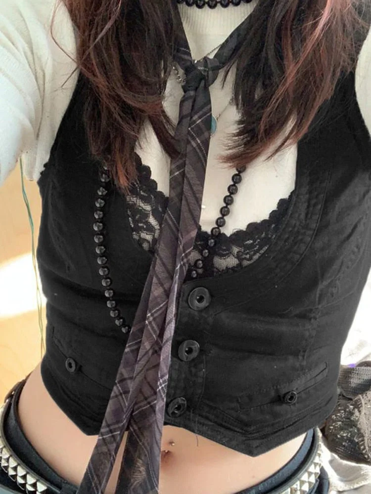 Rapcopter y2k Button Corset Top Black Sleeveless Tank Tops Skinny V Neck Aesthetic Punk Crop Top Grunge Fairycore Women Vests
