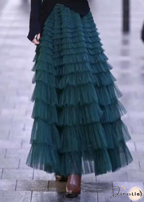 Women Black Wrinkled High Waist Patchwork Tulle Skirt Spring