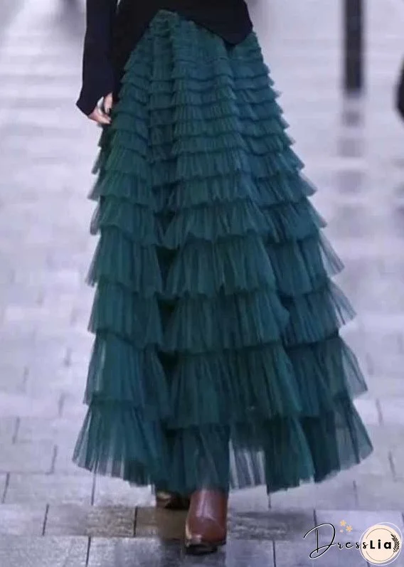 Women Black Wrinkled High Waist Patchwork Tulle Skirt Spring