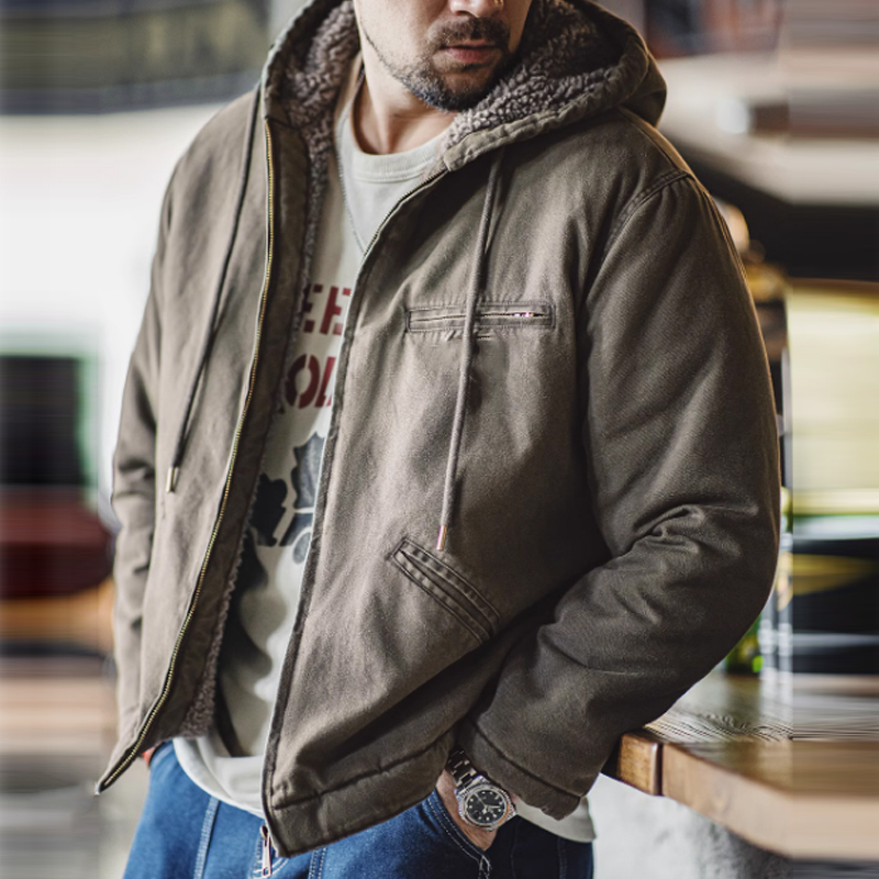 Vintage Lambswool Plush Canvas Hooded Jacket