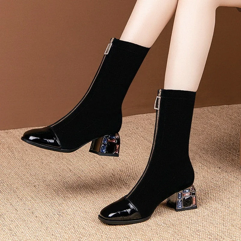 2020 Elastic Short Boots Woman Mid Calf Boots Rhinestone Heel Women Autumn Shoes Square toe Female Footware Front Zipper Black