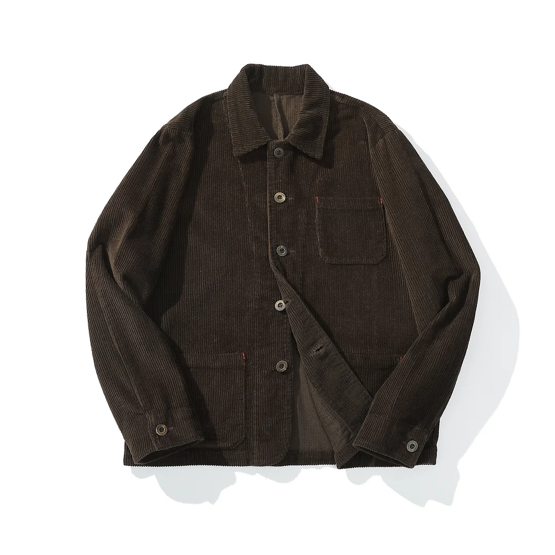 Men's Vintage French Workwear Jacket Heavyweight Corduroy Retro Multi Pocket Jacket 100%Cotton