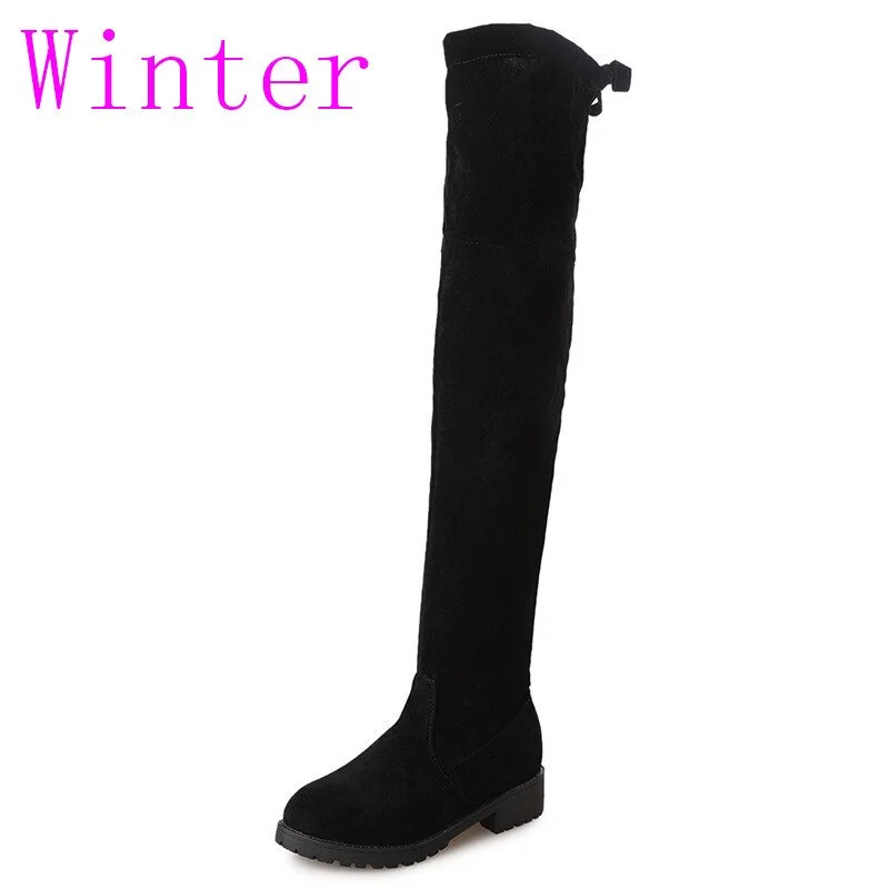 Wongn 2018 New Hot Women Boots Autumn Winter Ladies Flat Bottom Boots Shoes Over The Knee Thigh High Black Suede Long Boots 40