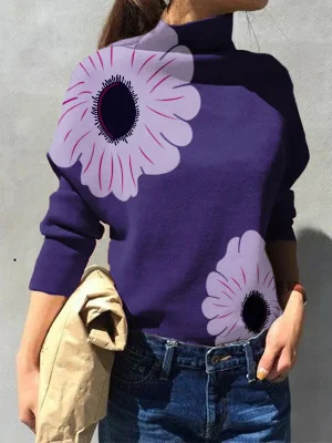 Image of Long Sleeves Loose Flower Print Split-Joint High Neck T-Shirts