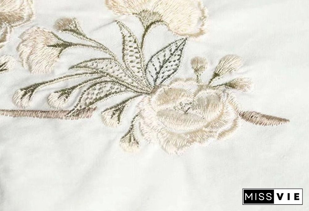 Women Spring Summer Retro Buckle Shirt Top Chinese National Style Embroidery Three Quarter Sleeve Floral Cheongsam Shirts