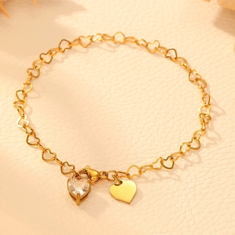 Elegant Heart Shape Titanium Steel 18K Gold Plated Rhinestones Cable Chain Bracelets In Bulk