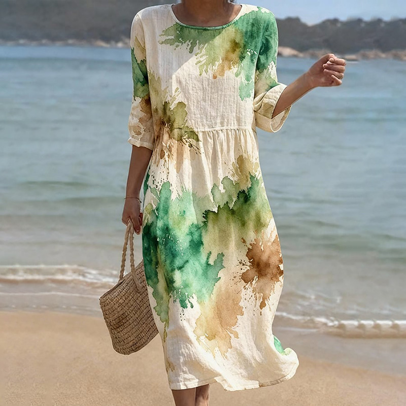 Vintage Ink Art Pattern Linen Blend Loose Three-quarter Sleeve Dress wearshes