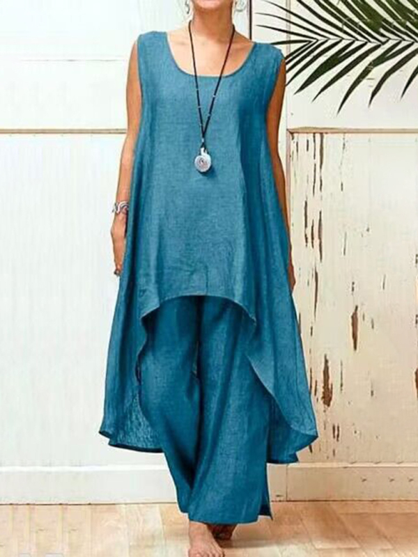 Mature Women Cotton Linen Fashion Casual Irregular Sleeveless Wide-leg Pants Two-piece Set