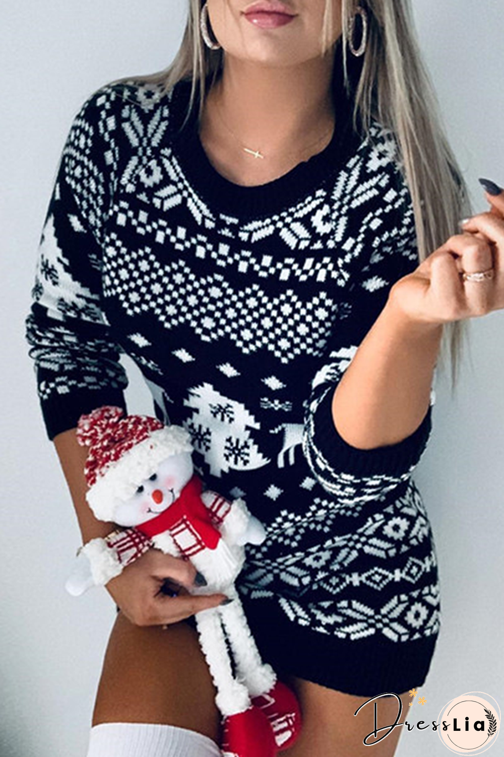 Casual Geometric Christmas Tree Printed  Contrast O Neck Dresses Sweater