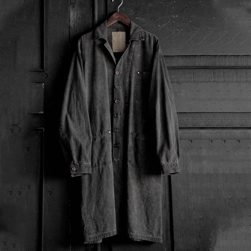 Men's Herringbone Cotton Washed Distressed Single Breasted Coat