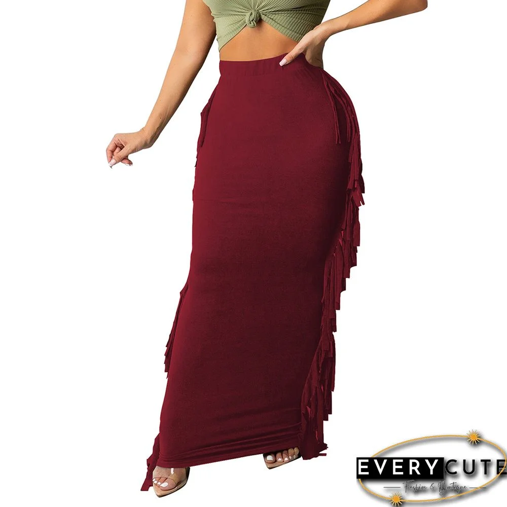 Wine Red Cotton Blend Sides Tassel Maxi Skirt