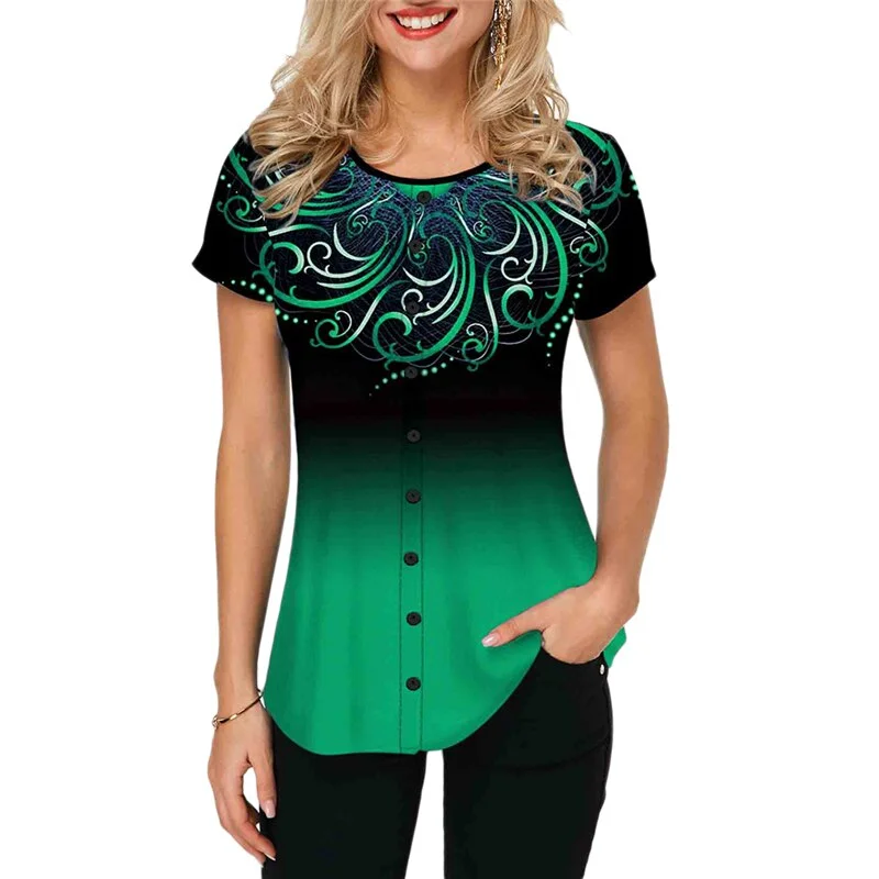Peneran Women Short Sleeve 3D Gradient Print T Shirt 2022 New Summer Casual Loose Button Tshirts Fashion Female Tees Top
