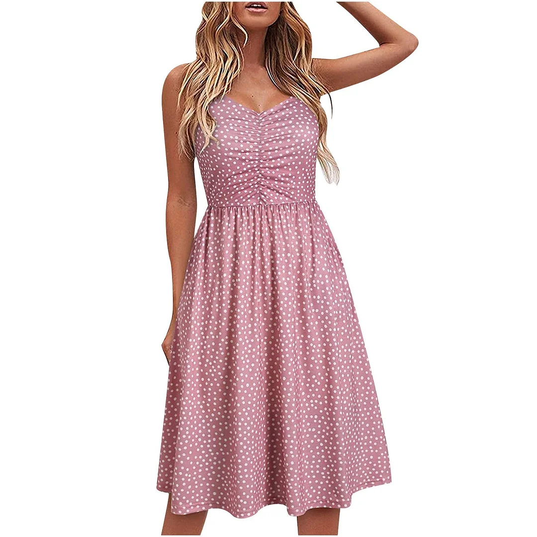 Women's Spaghetti Strap Dress Floral Pleated Tie Waist Backless Swing Dresses