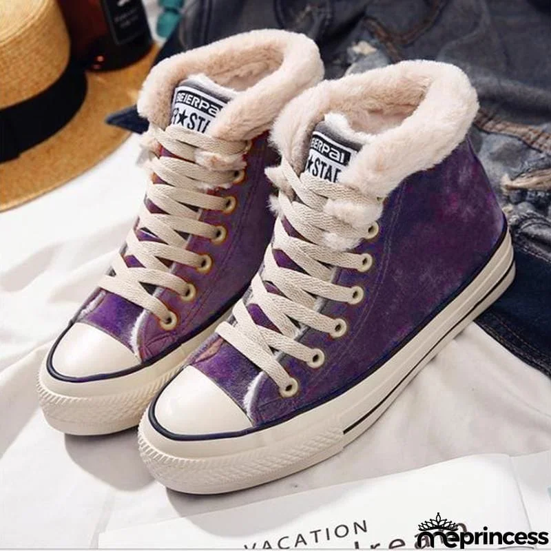 Womens Canvas Snow Sneakers Fur Lined Shoes