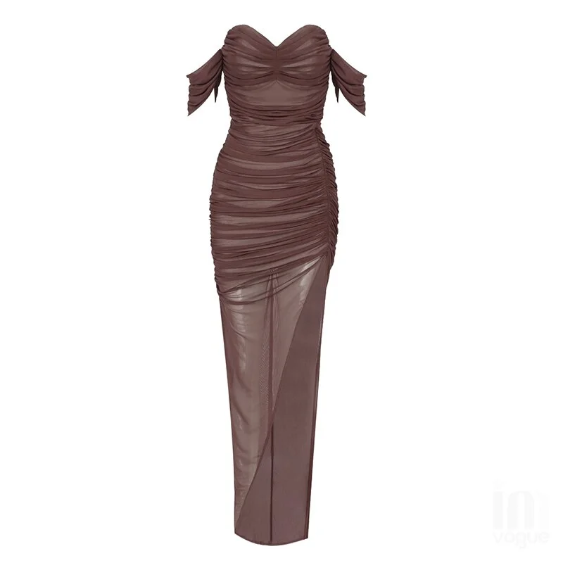 New Women Summer Bandage Dress 2023  Off Shoulder Mesh Ruched Brown Black Maxi Long Bodycon Elegant Evening Party Dress