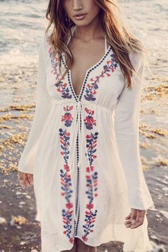 White Embroidered Long Sleeve Beachwear Cover Up Boho Dress-elleschic