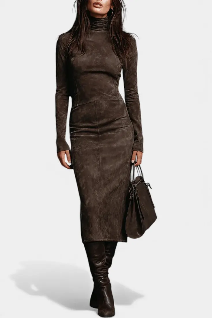 High-Neck Long-Sleeve Suede Midi Dress