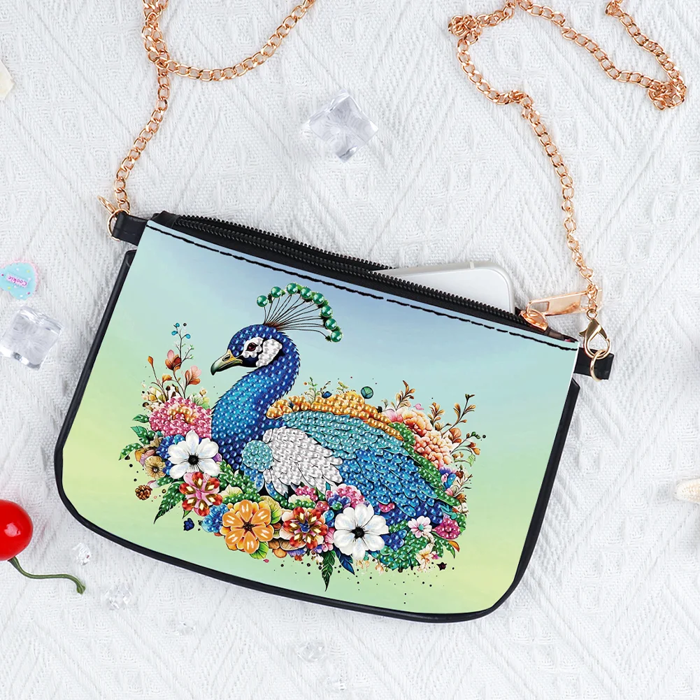 Flower Peacock Diamond Painting Coin Chain Purse 5D Diamond Handmade Chain Bag