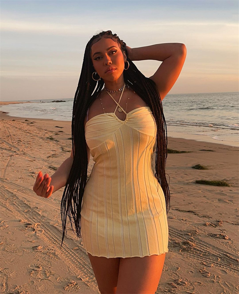 Ootddress Strapless Knit Mini Dresses Women Off-Shoulder Stripe Knitting Bodycon Dress Summer Beach Party Halter Club Streetwear