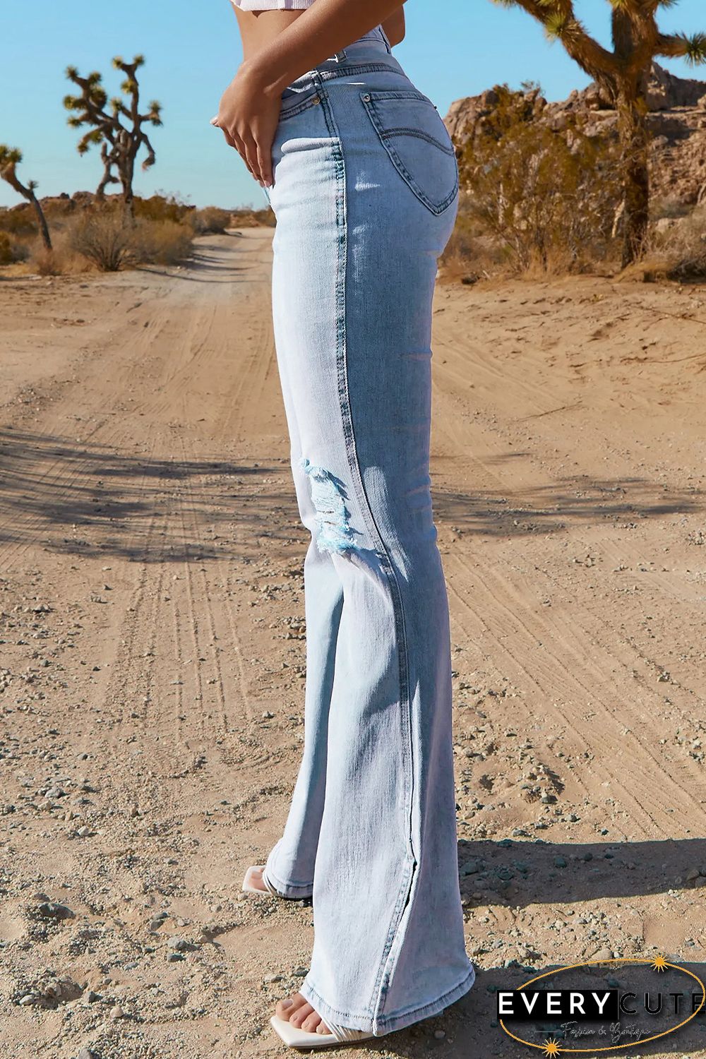 Sky Blue Black Ripped Slit Legs Flare Jeans