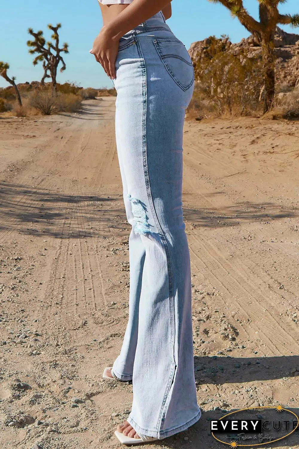 Sky Blue Black Ripped Slit Legs Flare Jeans
