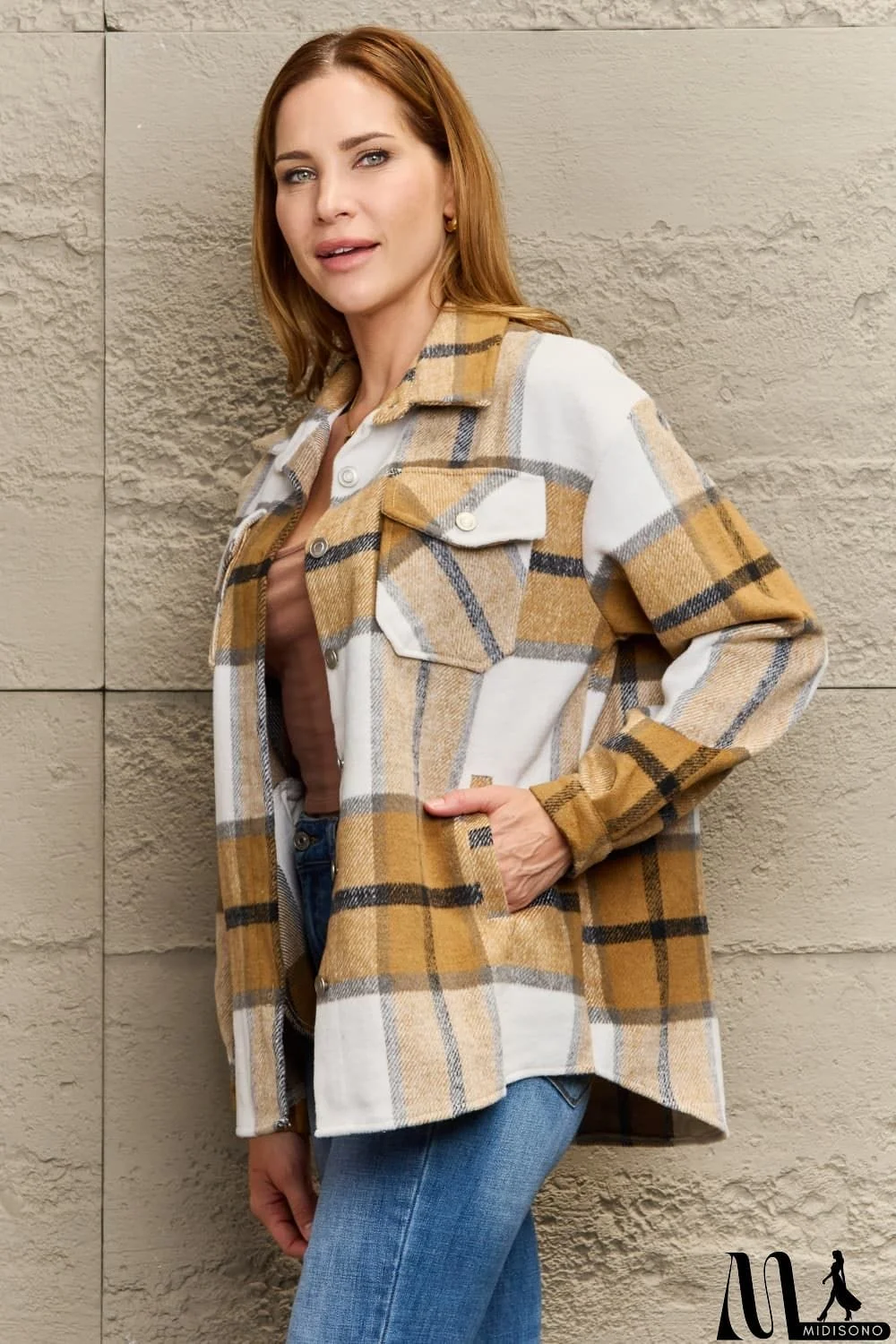MidiSono - Plaid Dropped Shoulder Shirt Jacket