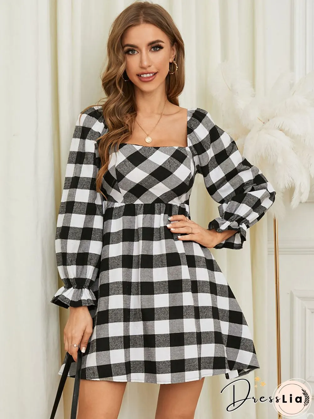 Check Print Square Collar Long Sleeve Dress Women