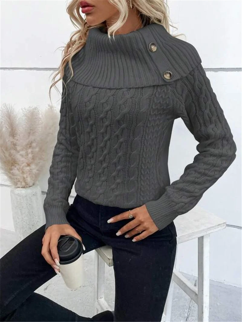 Athvotar Athvotar And Winter New Knitted Collar Button Design Shoulder Sleeve Sweater
