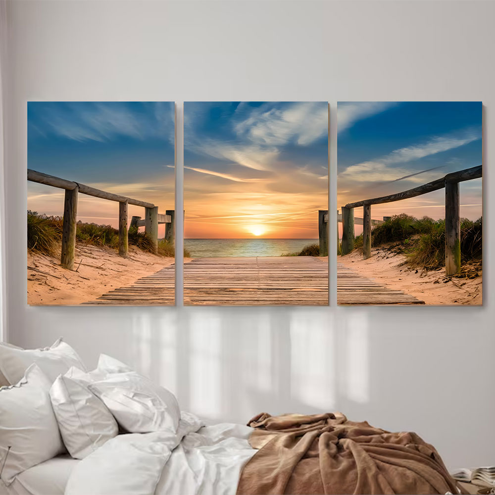 3-Piece Set Wooden Boardwalk To Sunset Beach Canvas Art