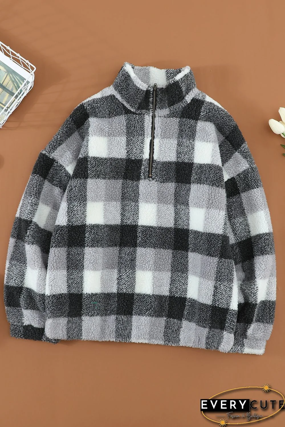 White Plaid Zipper Stand Collar Sherpa Pullover Sweatshirt