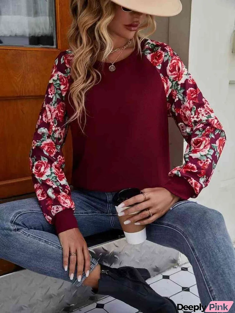 Floral Raglan Sleeve Round Neck Sweatshirt