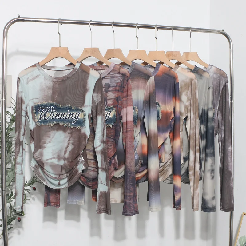 Churchf Real Shooting New Long-Sleeved Mesh Spliced Embroidered Denim Bottom T-Shirt Sun Folding Short Top 2582