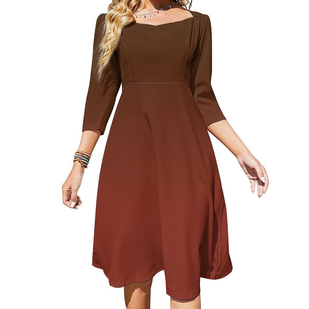 Modern Burnt Umber And Brown Ombre Dress Sweetheart Tie Back Flared 3/4 Sleeve Midi Dresses