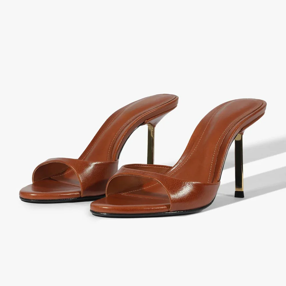 Brown Open Round Toe Slip On Women's Mules Shoes with Stiletto Heel