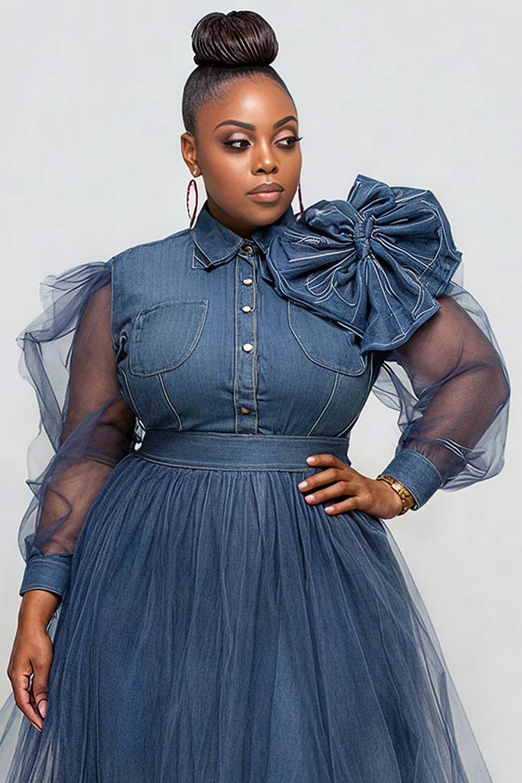 Xpluswear Design Plus Size Semi Formal Tulle Blue Shirt Collar Long Sleeve 3D Elegant See Through Denim Midi Dresses [Pre-Order]