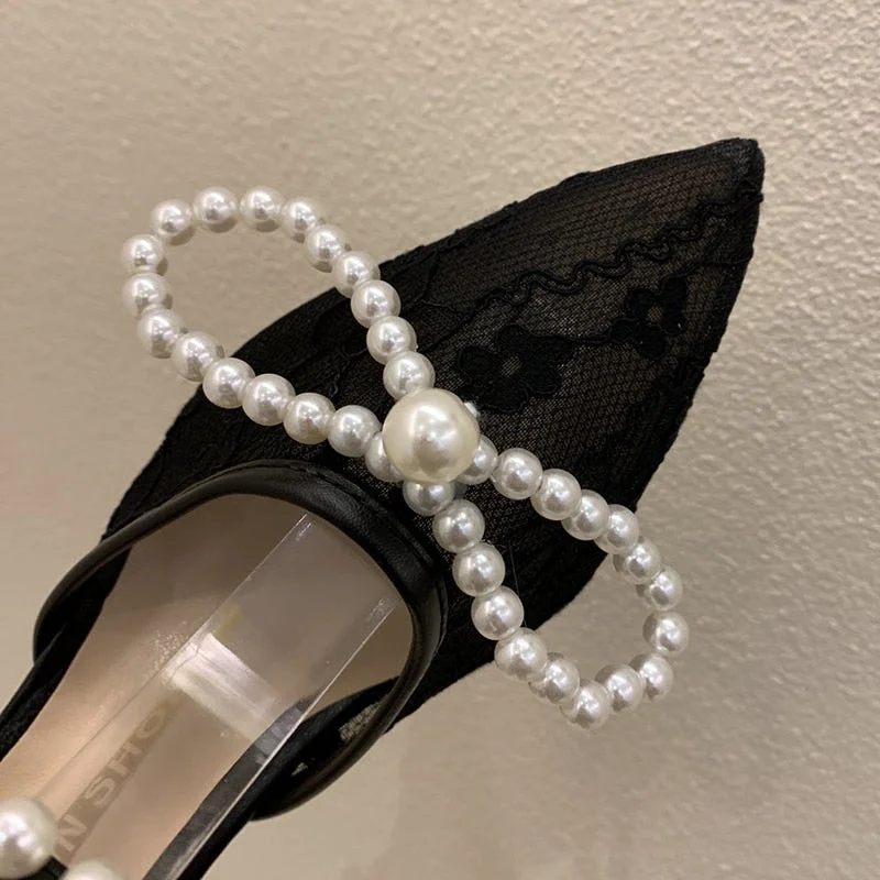 Elegant Ladies Pearl Strap Pumps 2022 Summer Sexy Black Mesh High Heels Sandals Women Pointed Toe Thin Heeled Dress Shoes