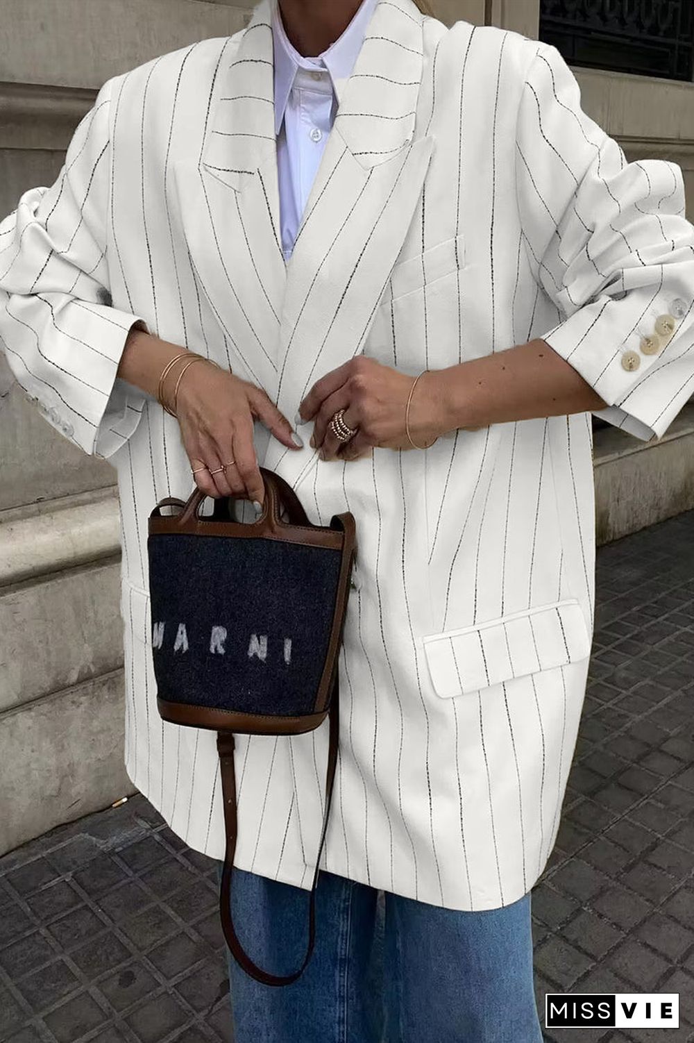 British Style Striped Buttons Turn-back Collar Outerwear