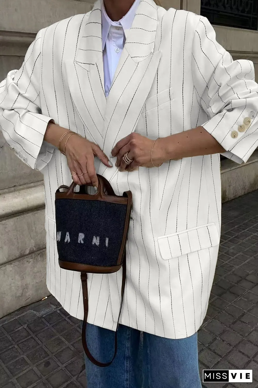 British Style Striped Buttons Turn-back Collar Outerwear