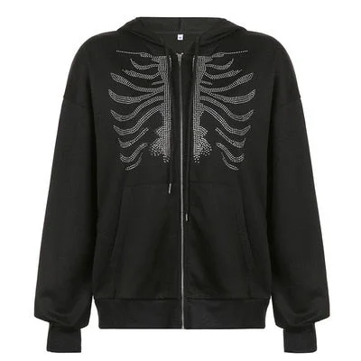 Zip Up Hoodie Y2K Jacket Tops Oversized Skeleton Hoodie Autumn Winter Streetwear Genshin Impact Sweatshirts Hoodies Rhinestone