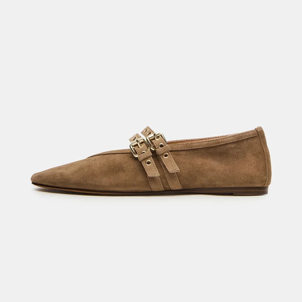 Brown Round Toe Flat Buckle Strap Grommet Ballet Mary Jane Shoes