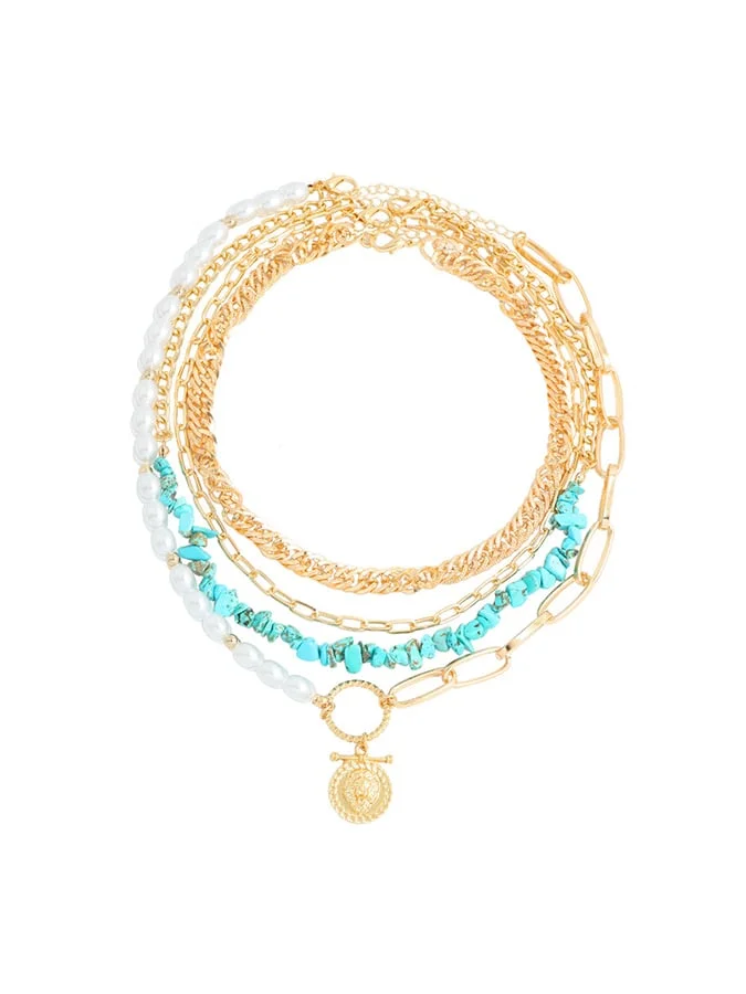 Women's Multi-Layer Turquoise Vintage Temperament Pearl Stitching Necklace socialshop