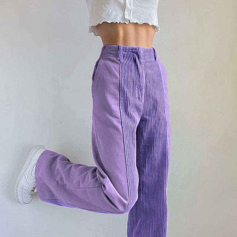 Vintage Patched Corduroy Pants Women Fashion Harajuku E-Girl Long High Waist Straight Trousers Autumn Y2K Pants Female