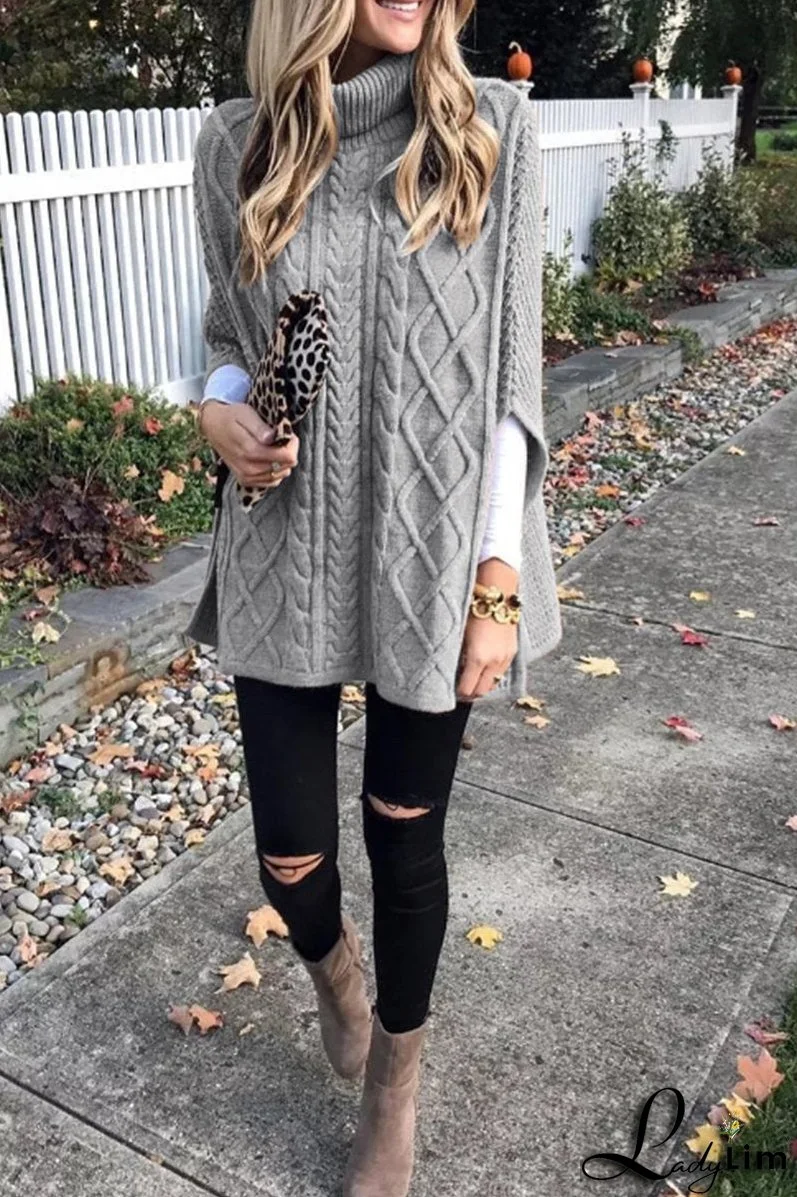 High Neck Loose Cable Knit Pattern Stitching Sweater Tops （7 Colors）