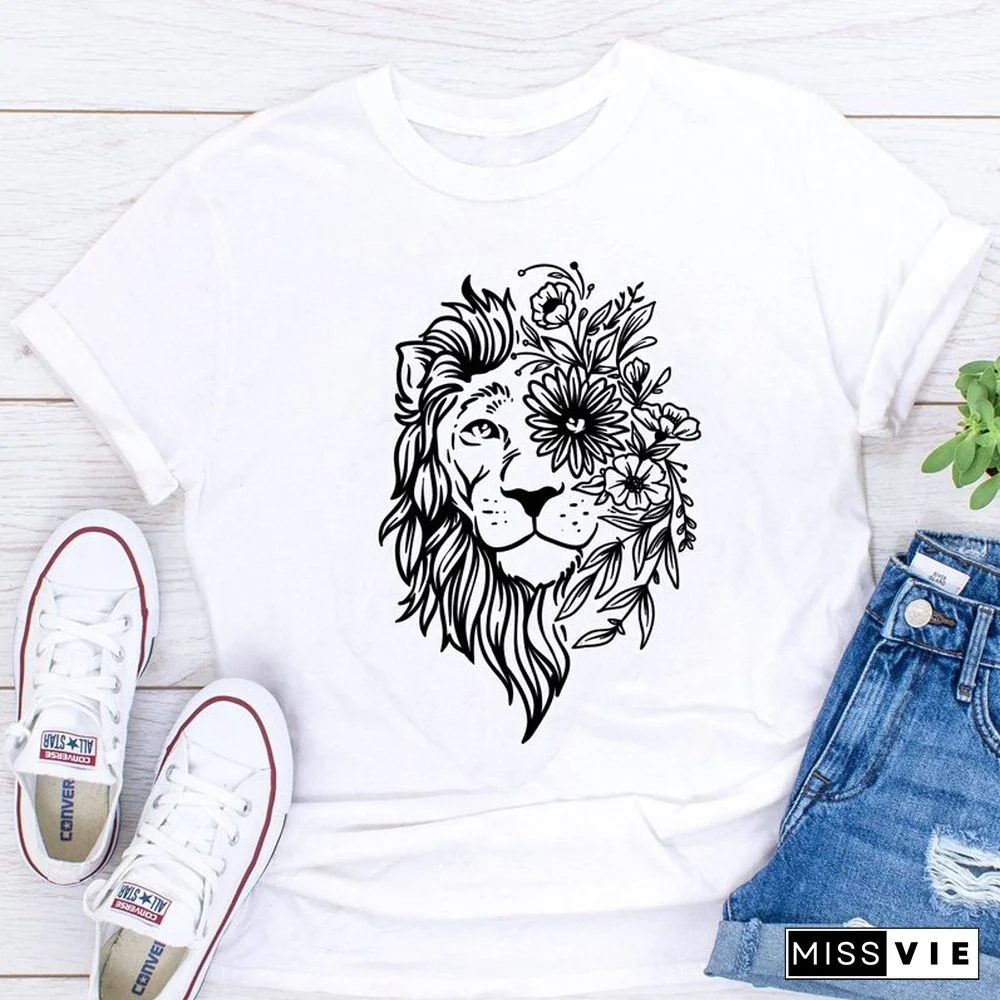 Floral Lion Printed T-shirts Trendy Summer Crewneck Graphic Funny Cotton Tee Top Women Short Sleeve Aesthetic Tumblr Boho Tshirt