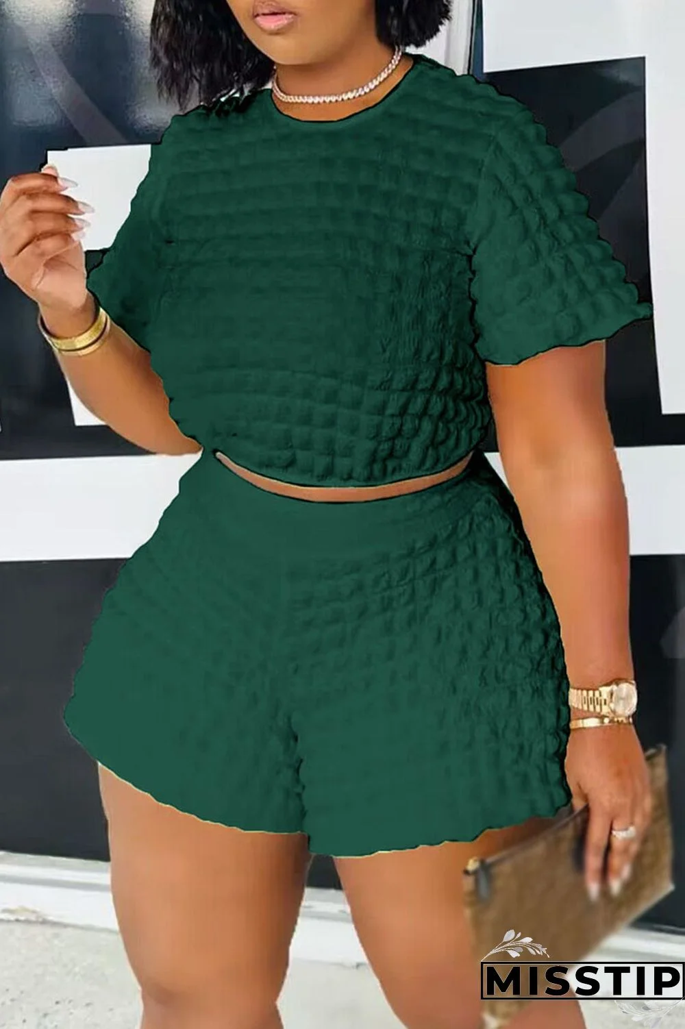 Ink Green Casual Solid Patchwork O Neck Plus Size Two Pieces