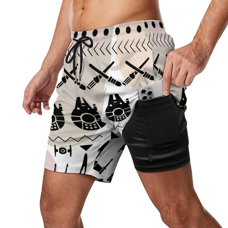 Khaki Star Wars Vehicles Tribal Running Athletic Workout Sports Trunks Mens 2 In 1 Sports Gym Shorts With Phone Pocket - Heather Prints Shirts
