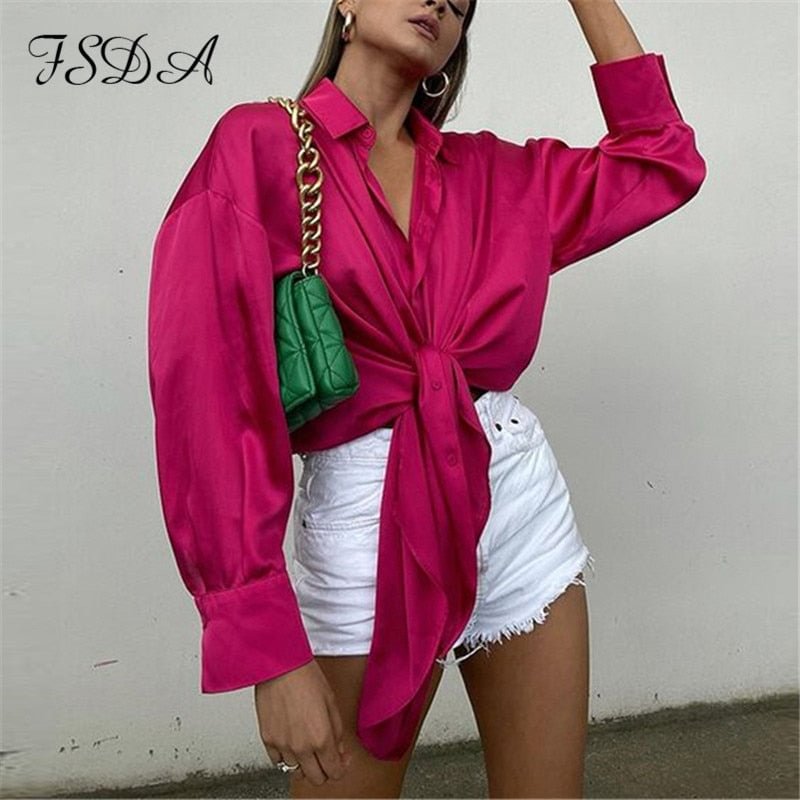 FSDA V Neck Elegant Satin Women Blouse Top Green Sexy Bow Tied Oversized 2021 Long Puff Sleeve Casual Vinatge Tops Shirts