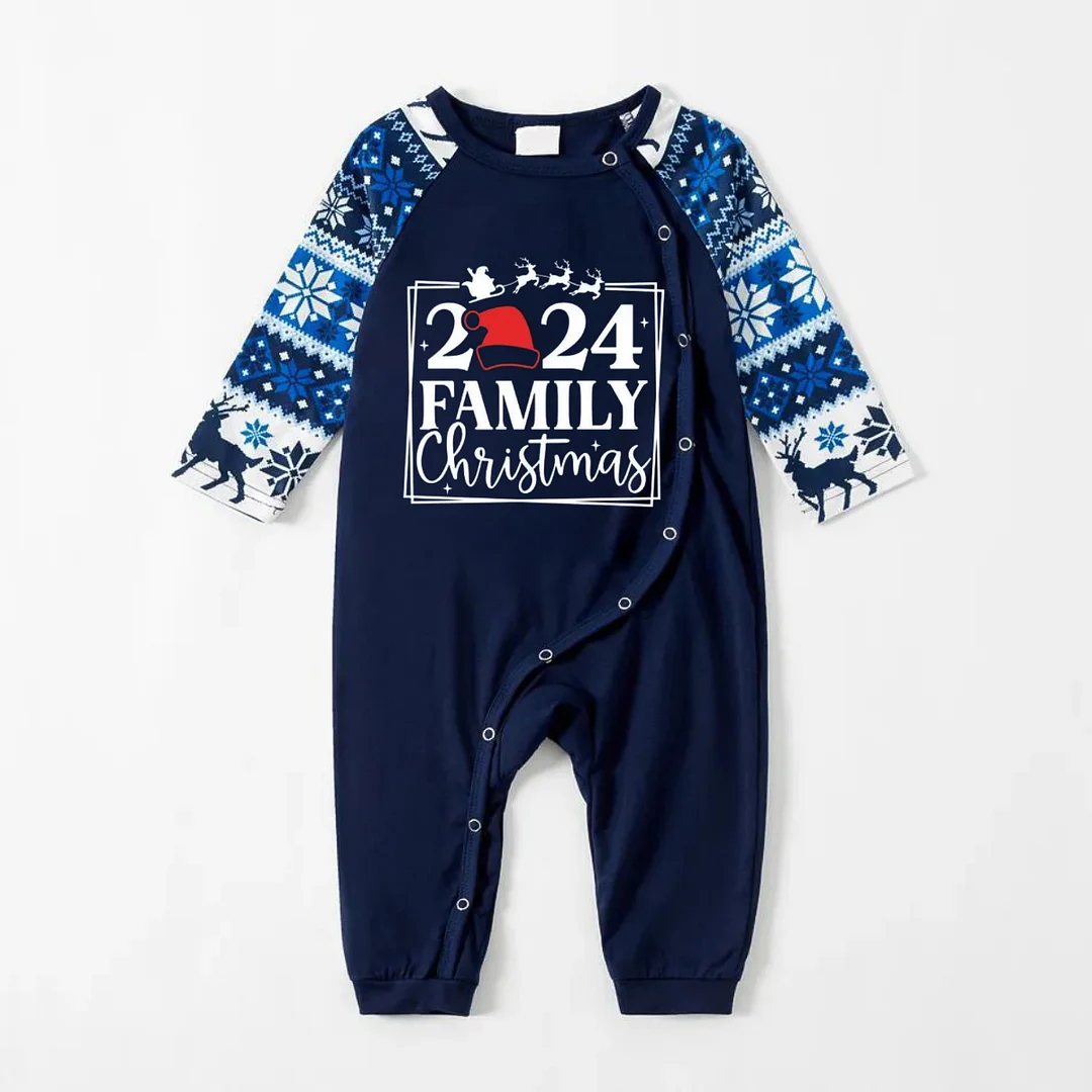 "Family 2024 Christmas" Text and Santa Hat Print Blue Family Matching Pajamas
